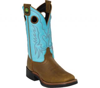 John Deere Boots 11 Deep Dip Top Western Pull On 3766   Oakwood/Turquoise Leather