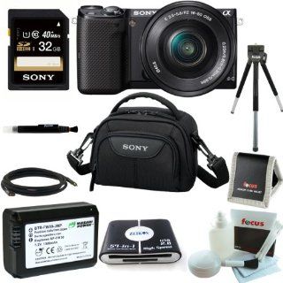 Sony NEX5T, NEX 5TL/B 16 MP Compact Interchangeable Lens Digital Camera Kit with 16 50mm Power Zoom Lens with NFC and Wifi sharing (Black) + Additional Wasabi NPFW50 Power Battery + Sony 32GB SD card + Sony Camcorder Case + Cleaning kit and Bundle  Digita