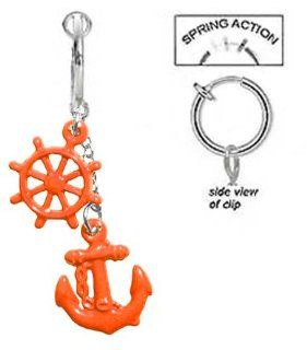 Fake Belly Navel Non Clip on Orange anchor & wheel dangle summer nautical boating Ring Jewelry