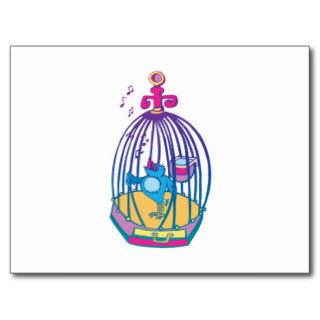 cute bird singing cage post card