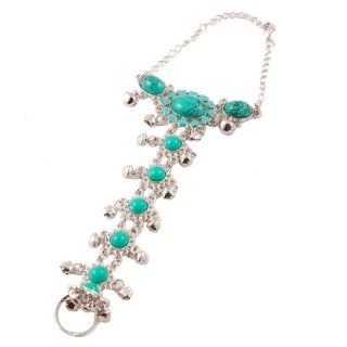 Woman Turquoise Green Beads Silver Tone Chain Ring Bracelet Jewelry