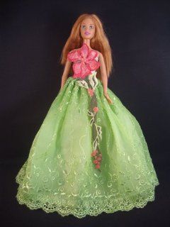 Green Ball Gown with a Pink Flower Motif Made to Fit the Barbie Doll Toys & Games