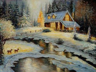 Art Reproduction Oil Painting   Deer Creek Cottage   Extra Large 30" X 40"   Hand Painted Canvas Art   Thomas Kinkade Paintings On Canvas