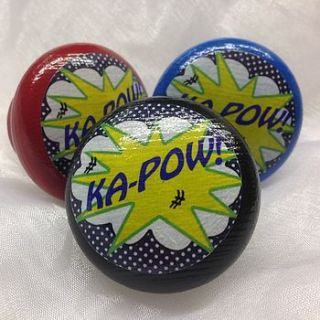 pop art painted wooden knob ka pow by surface candy