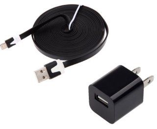 PractiCellular�[TM]3M Flat Extra Long Data Charger Sync Cable Wire 8 Pin to USB For iPhone 5 5S 5G 10 FT Ten Feet Foot Noodle 3 Meter Color Home Wall Adapter House Plug (Black, Blue, Pink, Purple, Red, White) (Black) Cell Phones & Accessories