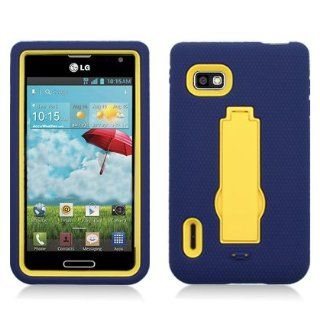 For LG Optimus F3/MS659 (T Mobile/MetroPcs) Layer Case, 3 in 1 w/Black Stand Navy Blue Skin+Yellow Cover Cell Phones & Accessories