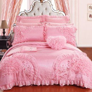 DIAIDI Home Textile, Korean Bedding Sets, Romantic Pink Red Princess Lace Ruffle Bedding Set Queen Size, 11Pcs   Duvet Cover Sets