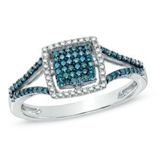 CT. T.W. Enhanced Blue and White Diamond Square Cluster Ring in