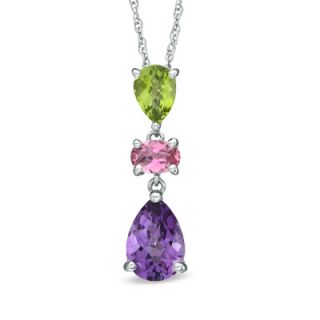Pear Shaped Amethyst, Peridot and Pink Tourmaline Pendant in Sterling