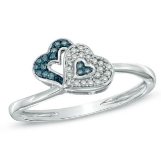 Enhanced Blue and White Diamond Accent Double Heart Ring in Sterling