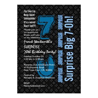 SURPRISE 70th Birthday Black and White Blue W1755 Personalized Invitations