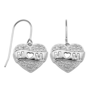 Diamond Accent Heart with MOM Banner Drop Earrings in Sterling
