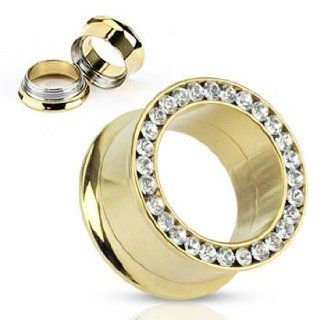 14K Gold Plated Threaded Tunnels With Jeweled Rim, Gauge0 Body Piercing Tunnels Jewelry