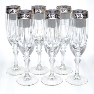 Italian Silver accented Greek Key Versace Champange Flutes (Set of 6) Threestar Wine Glasses