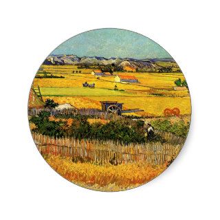 Van Gogh Harvest at La Crau with Montmajour Round Stickers