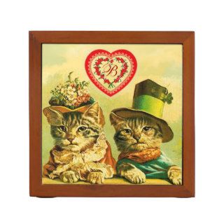 FUNNY OLD FASHION VALENTINE'S DAY CATS WITH HEART DESK ORGANIZERS