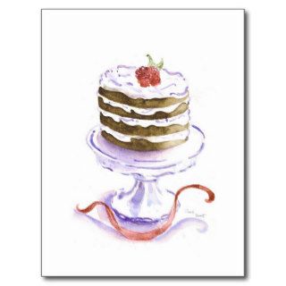 watercolor cake on a platter on a postcard