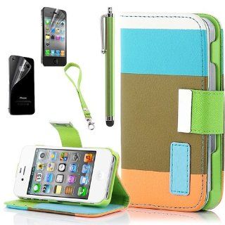 Blue Colorful Pu Leathe Rwrist Wallet Magnet Design Flip Case Cover for Iphone 4 4s with Screen Protector+ Stylus Cell Phones & Accessories