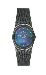 Skagen Women's 686XSBBM Crystal Accented Mother of Pearl Black Mesh Watch Skagen Watches