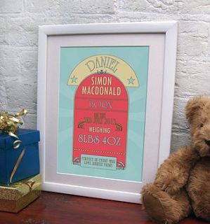 personalised retro style new baby print by fizzy lemonade