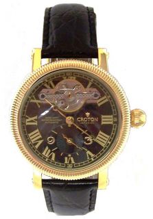 Croton CI331007YLBK  Watches,Mens Imperial Automatic Dual Time Partially Skeletonized Black Dial Black Leather, Luxury Croton Quartz Watches