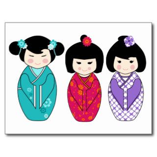 Trio of Kokeshi Style Dolls Illustration Post Cards