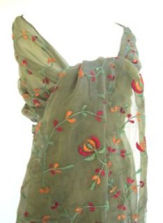 "Bela" Embroidered Floral Sheer Organza Fringed Scarf Stole Shawl Wrap Table Runner Olive Green Orange Burgundy Green Fashion Scarves