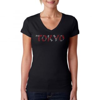 Los Angeles Pop Art Los Angeles Pop Art Womens Tokyo Cities Black V neck T shirt Black Size XS (2  3)