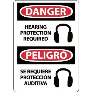 NMC ESD690RB Bilingual OSHA Sign, Legend "DANGER   HEARING PROTECTION REQUIRED" with Graphic, 10" Length x 14" Height, Rigid Plastic, Black/Red on White Industrial Warning Signs