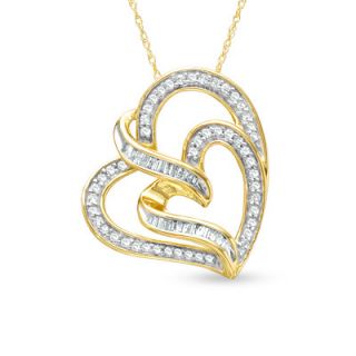 CT. T.W. Baguette and Round Diamond Double Heart Pendant in 10K