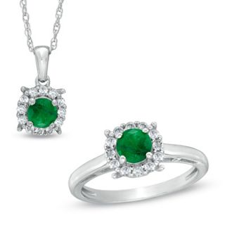 0mm Emerald and Lab Created White Sapphire Frame Ring and Pendant