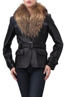 Jessie G. Women's Belted Lambskin Leather Jacket with Raccoon Fur Collar