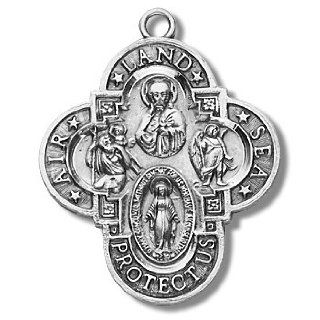 Sterling Silver Medal Air, Land, & Sea 4 way Jesus Mary St. Joseph St. Christopher 2 with 24" Stainless Steel Chain in Gift Box Military Armed Forces. Catholic Saint Christopher Patron Saint of Bookbinders, Epilepsy, Gardeners, Mariners, Pestilenc