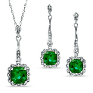 Cushion Cut Lab Created Emerald Vintage Style Pendant and Earrings Set