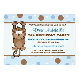 Cutie Monkey Blue Birthday Invitation Personalized Announcement