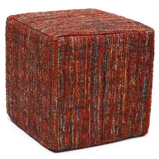 Rusa Ruby Red Sari Pouf Cube Ottoman