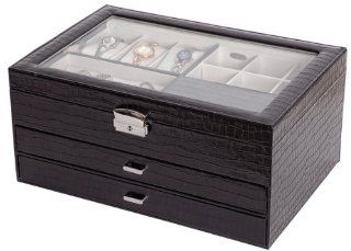 Mele & Co. Alana Glass Top Locking Jewelry Box in Black Faux Croco   Watch Case For Women