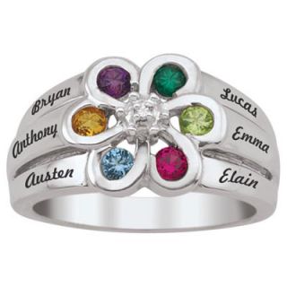 Mothers Birthstone and Diamond Accent Flower Ring in Sterling Silver