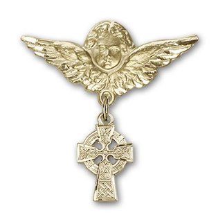 14kt Gold Baby Badge with Celtic Cross Charm and Angel w/Wings Badge Pin Jewelry