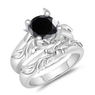 1.24 1.63 Cts Black Diamond Solitaire Engagement & Wedding Ring Set in 14K White Gold 7.0 Jewelry