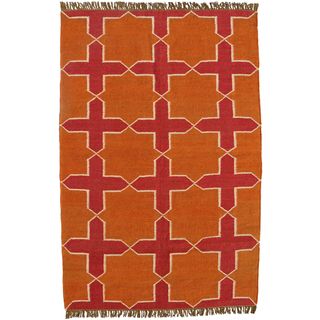 Hand woven Orange Jute/wool Flat Weave Rug (5 X 8)