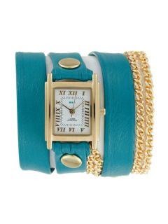 Womens Aqua Leather & Gold Wrap Watch by La Mer Collections