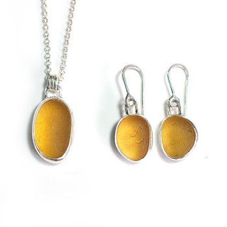 golden sea glass pendant and earring set by tania covo