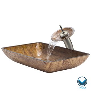 Vigo Rectangular Amber Sunset Glass Vessel Sink And Waterfall Faucet Set In Brushed Nickel
