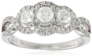 14k White Gold 3/4 cttw 3 Stone Halo Diamond Engagement Ring, Size 7 Jewelry