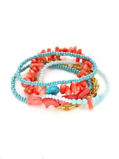 Set Of 5 Blue Multi & Pink Beaded Stretch Bracelets by AV Max