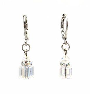 Earrings   E253   Austrian Crystal Cube on Leverbacks ~ Clear AB Irridescent Dangle Earrings Jewelry