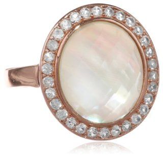 14k Rose Gold Plated Sterling Silver and Mother of Pearl Glass Ring, Size 7 Jewelry