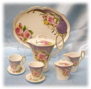 Fine Porcelain Miniature Tea Set with Pink Roses and Purple Decoration   Toy Tea Sets