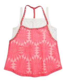 Layered Stud Embellished Lace Halter Top, Pink/White, Sizes 7 14